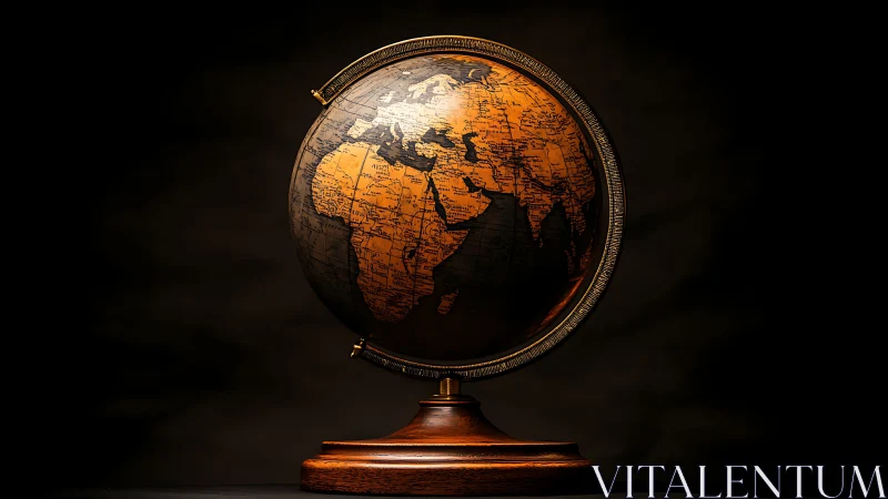 Illuminated vintage terrestrial globe on wooden pedestal stand