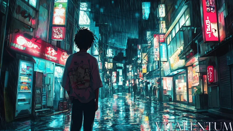 Neon rainwalk drifter under midnight market skylines.