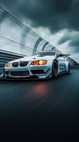 Storm-lunged race coupe knifes through a moody speed tunnel.