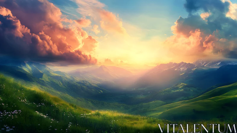 Sunlit alpine valley rendered with high dynamic range cloudscape