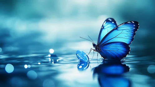 Blue butterfly rests on shimmering water in ethereal light