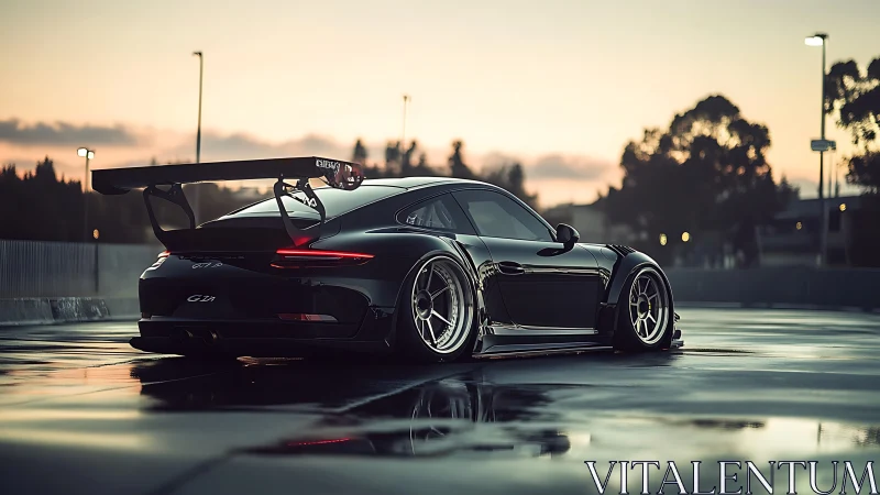 Widebody track car is parked on wet asphalt at dusk