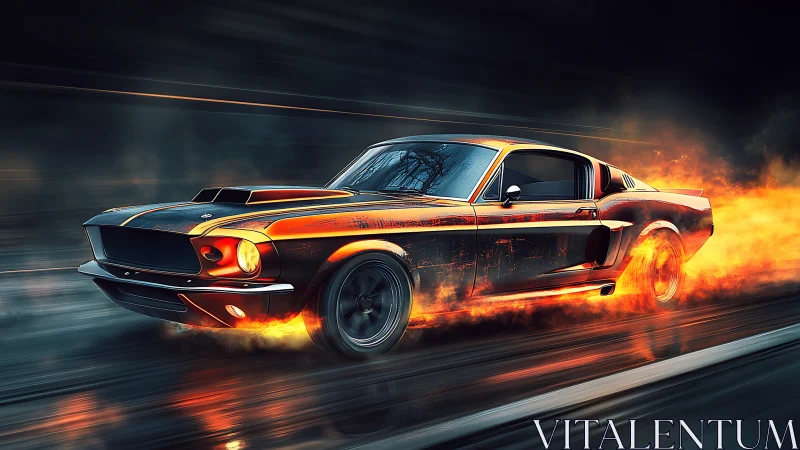 Retro muscle car blazes through neon night in fiery motion