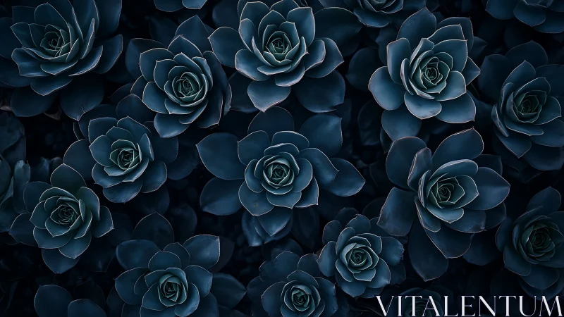 Blue Succulent Rosettes. Geometric flora arrangement overhead perspective.