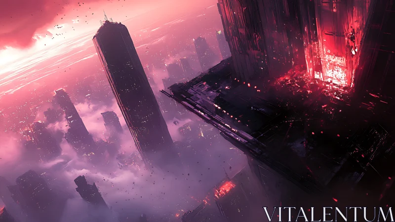Futuristic red city skyline with burning highrise tower.