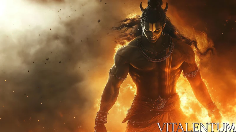 Mythic warrior strides through blazing fire and swirling smoke