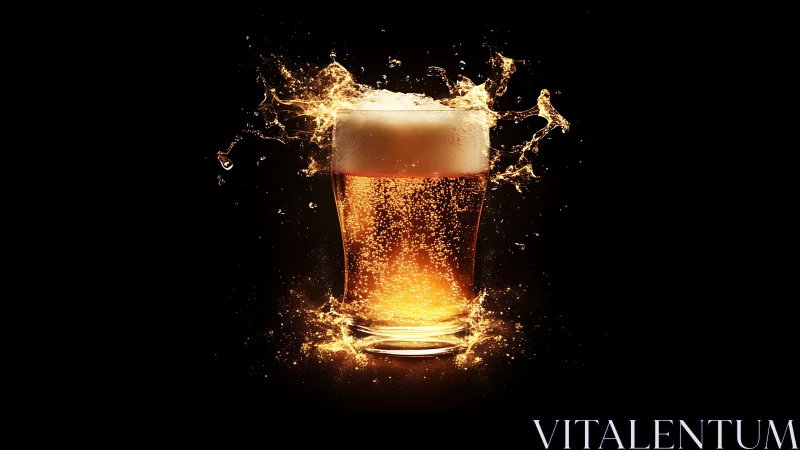Glass of carbonated beer stands centered against black background