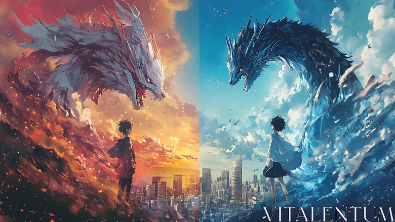 Elemental draconic titans mirroring youth above bifurcated city.