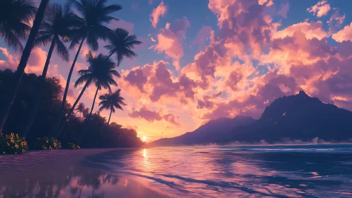 Sunlit tropical shoreline under vivid pastel cloudscape.