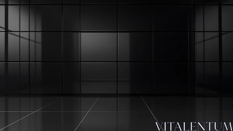 Dark reflective tiled wall and floor in empty space.