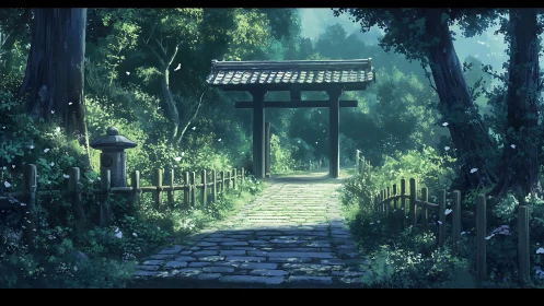 Sunlit forest torii gate marks quiet stone path entrance