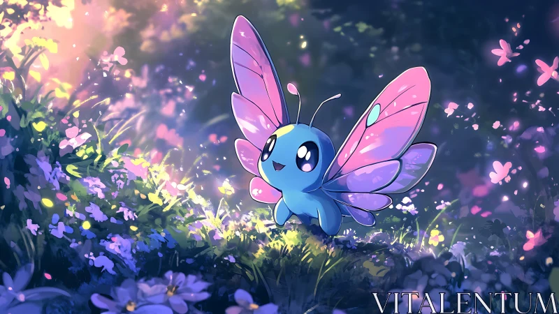 Cartoon butterfly creature in glowing forest clearing at dusk.