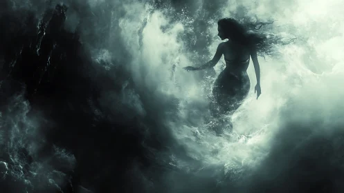 Silhouetted mermaid figure within turbulent ocean mist.