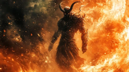 Infernal Warlord in Volcanic Flame Vortex, Digital Painting.