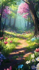 Enchanted Forest Path with Pink Blossoms and Wildflowers