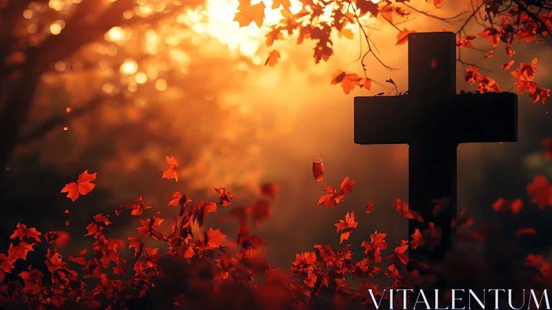 Stone cross in autumn graveyard at warm sunset light.