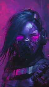 Augmented cyberpunk operative with neon visor and respirator