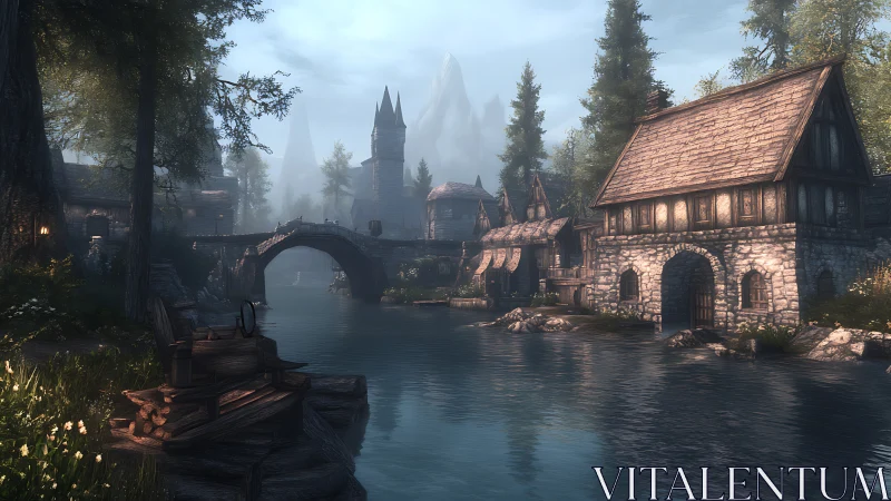 Quiet riverside village with misty towers and stone bridge.