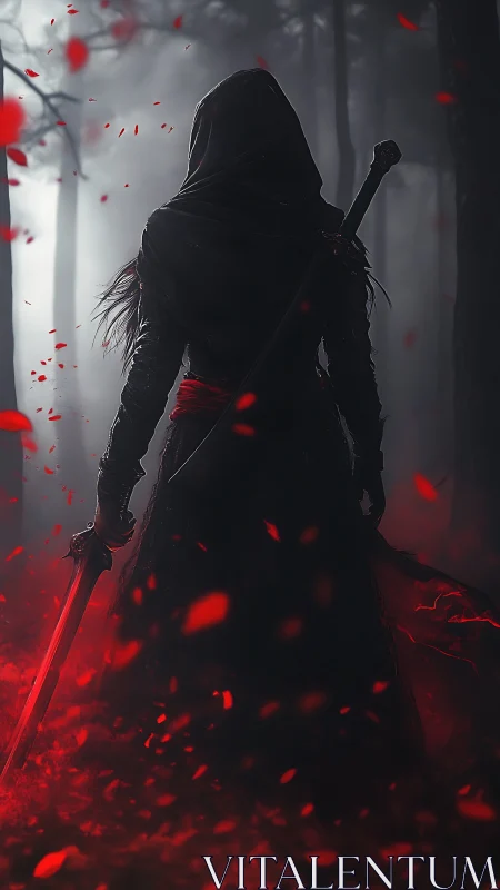 Digital painting of hooded swordbearer in bloodlit forest.