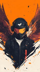 Winged figure in helmet and jacket against orange field.