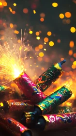 Ignited festive firecrackers emit dynamic bokeh-lit sparks