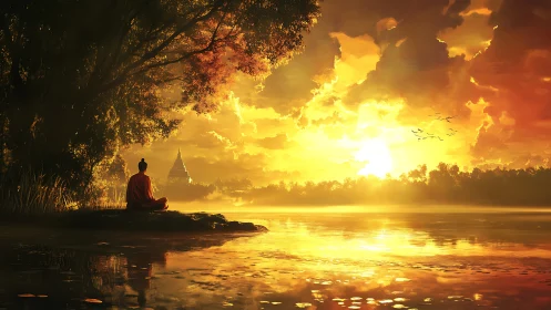 Golden riverside meditation beneath a glowing sunrise sky.