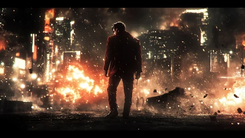 Solitary figure with handgun amid burning urban skyline.