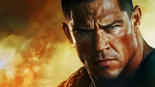 Storm-lit warrior gaze framed by molten evening sky.