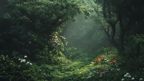 Enchanted Forest Sanctuary Where Light Dances Through Green.