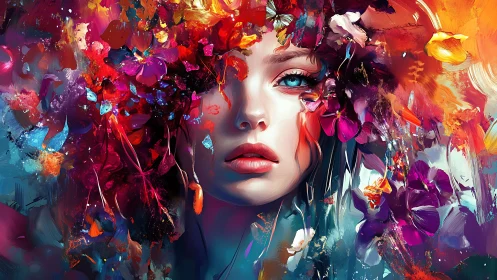 Female portrait integrated with abstract floral color field.