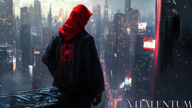 Hooded figure with spider emblem overlooks dense neon city