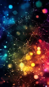Neon data nodes connect across vibrant multicolored space.
