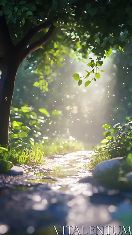 Volumetric forest light over shallow microstream pathway.