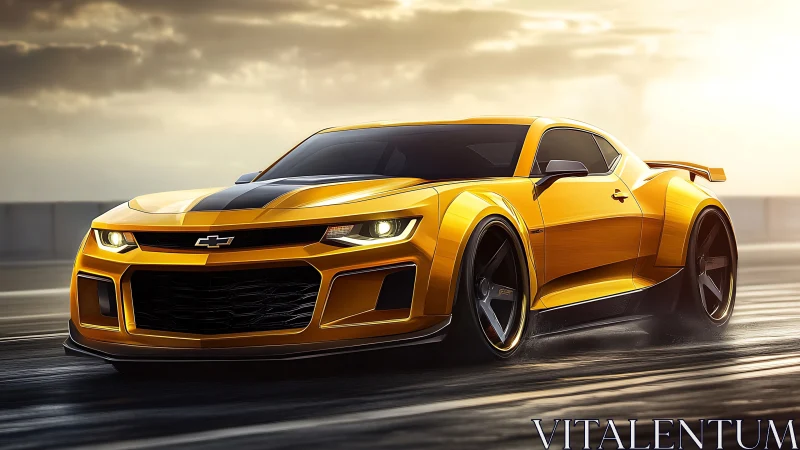 Yellow sports coupe on wet track at sunset in motion.