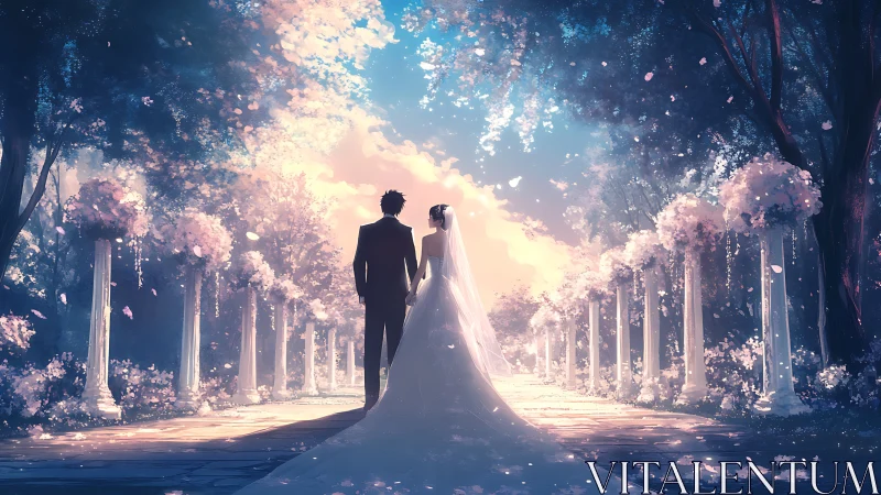 Couple standing in formal attire on flower-lined pathway.