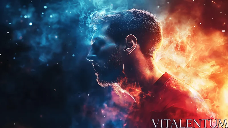 Man between galaxies of fire and frost, dreaming in smoke.