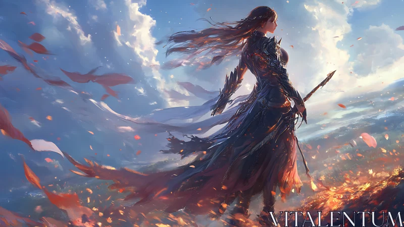 Stormlit warrior queen carves a fiery horizon of falling dawn