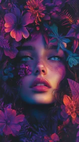 Dreamlit flower-crowned muse wrapped in neon twilight.