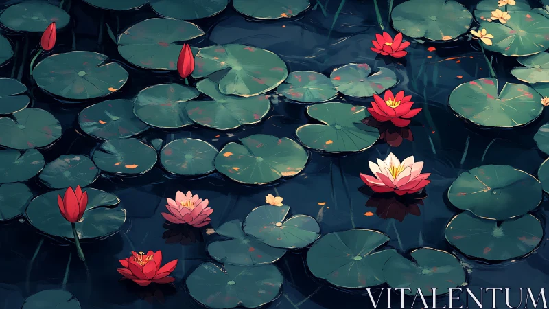 Lotus Blooms Dance Across Dark Water.