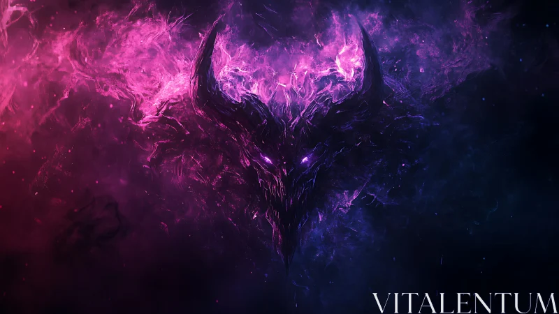 Horned spectral skull emerging from violet nebula field.
