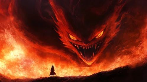 Fiery demon looms above lone warrior in apocalyptic blaze