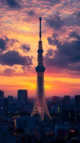 Telecommunications lattice tower at dusk against radiant sky.