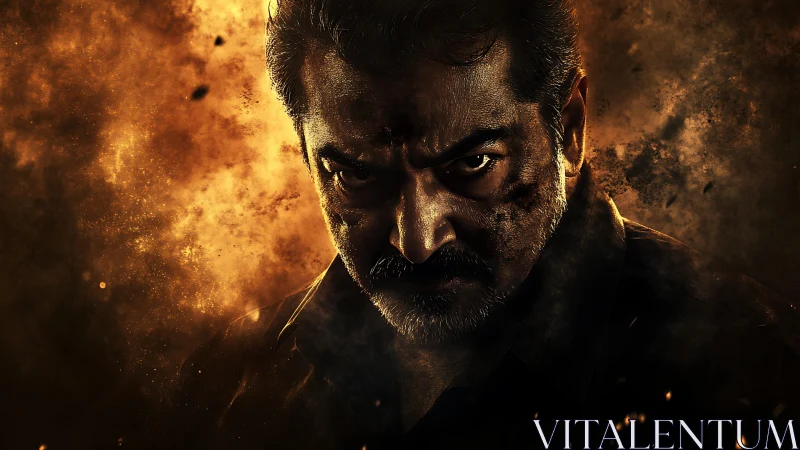 Intense warrior stares through swirling fire and smoke.