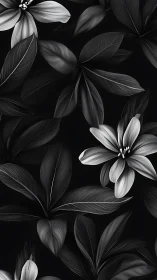 Monochrome botanical pattern with flowers and leaves.