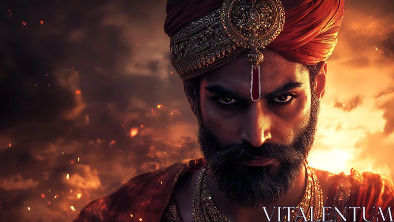 Regal warrior portrait in jeweled turban under fiery sky