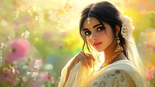 Digital portrait of adorned woman in luminous floral bokeh field