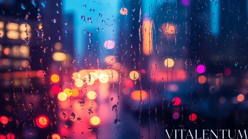 City lights through rainy glass in dreamy neon colors.