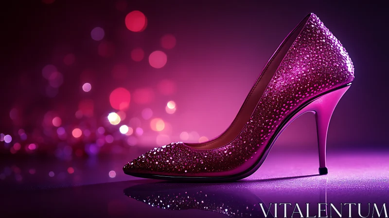 Glittering pink stiletto heel stands against vibrant bokeh glow