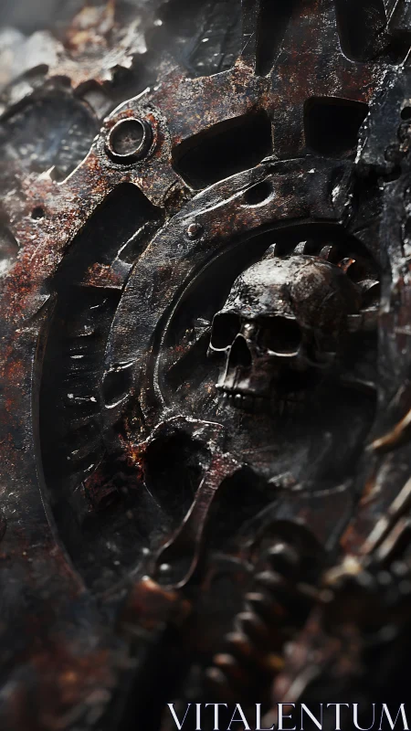 Corroded biomechanical skull integrated into heavy rusted gearwork