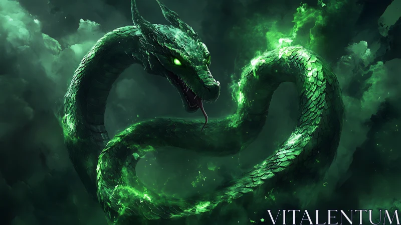 Emerald dragon serpent coils through glowing storm clouds